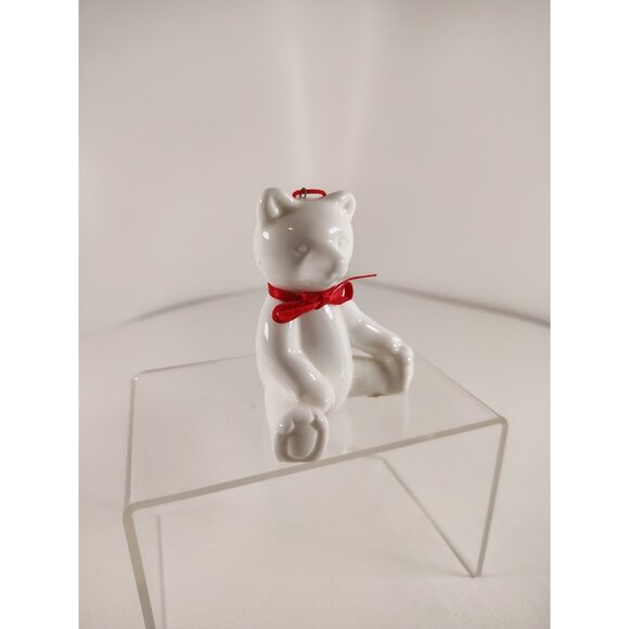 Department 56 White bone china Teddy Bear Christmas Hanging Ornament Red Bow 3" - Picture 2 of 5